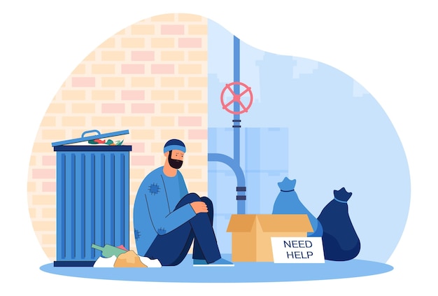 Free vector homeless man sitting on ground flat vector illustration. desperate hungry poor male person sitting on street near trash bin, asking for help, getting into financial trouble. poverty concept