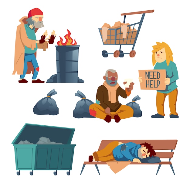 Free Vector | Homeless people cartoon characters set isolated on white Free Vector | Homeless people cartoon characters set isolated on white
