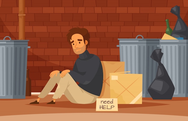 Vettore gratuito i senzatetto composizione cartoon con triste povero senzatetto si siede a terra con targhetta bisogno di aiuto