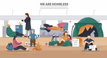 Free vector homeless people horizontal background