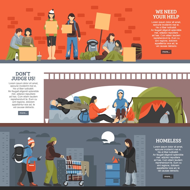 Free vector homeless people horizontal banner set