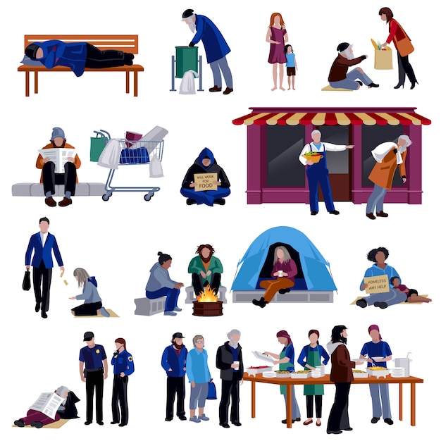 Free vector homeless people icons set
