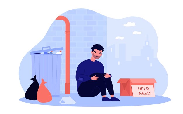 Premium Vector Homeless Poor Man Sitting At Street Near Box Illustration Cartoon Desperate Dirty And Hungry Person Near Trash Charity And Need Concept