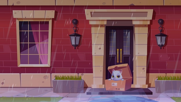 Бесплатное векторное изображение Бездомная мокрая кошка, сидящая в картонной коробке на крыльце дома в дождливую погоду векторная мультфильмная иллюстрация грустного милого пушистого котенка, прячущегося от дождя возле двери дома, ищущего домашнего питомца для усыновления