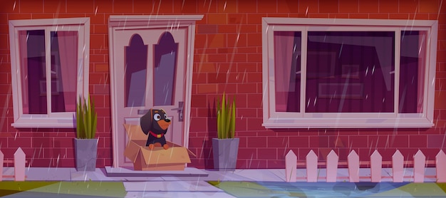 無料ベクター 雨天で家のポーチの段ボール箱に座っているホームレスの濡れた犬 家を探している家のドアの近くの降雨から隠れている悲しいダックスフント子犬のベクトル漫画イラスト ペットの養子縁組