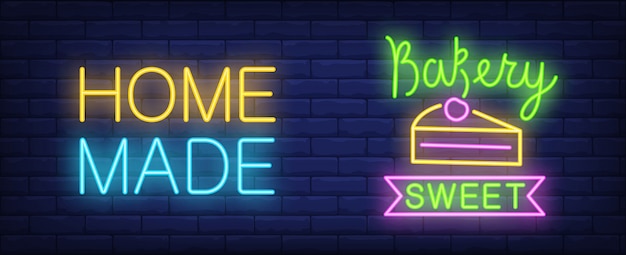 Free vector homemade bakery neon sign. sweet cake and luminous inscription
