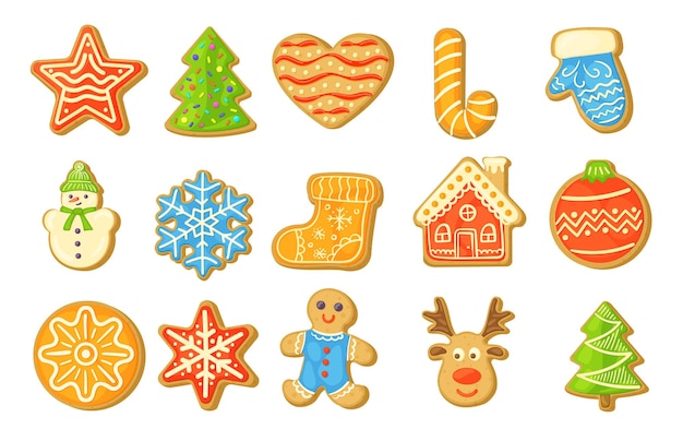 Homemade gingerbread cookies vector illustrations set. biscuits of different shapes: tree, house, star, sock, reindeer, snowflakes isolated on white background. winter holidays, food, dessert concept