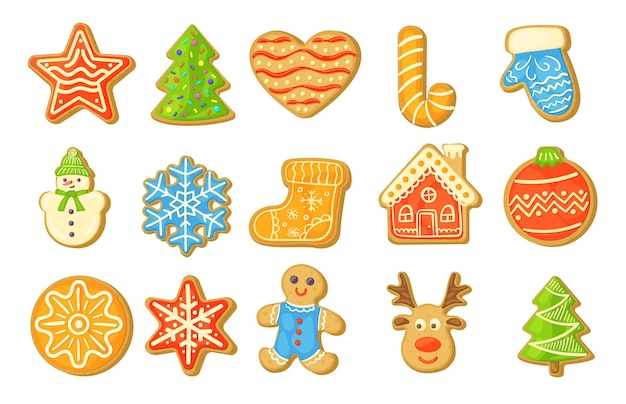 自家製ジンジャーブレッドクッキーベクトルイラストセット。さまざまな形のビスケット：木、家、星、靴下、トナカイ、白い背景で隔離の雪片。冬の休日、食べ物、デザートのコンセプト