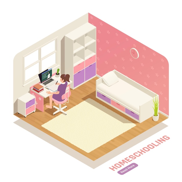 Homeschooling isometric composition with girl watching video lesson in her room