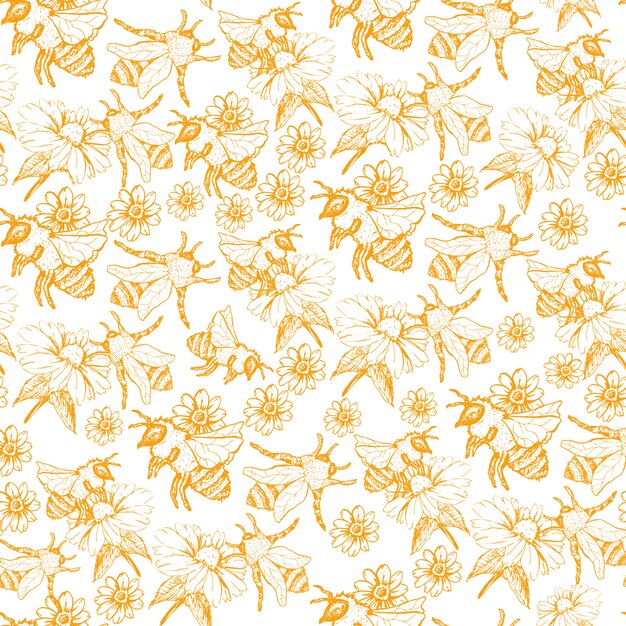 Honey Bee Seamless Pattern, Sketch Illustration With Bee Hives In Vintage Style