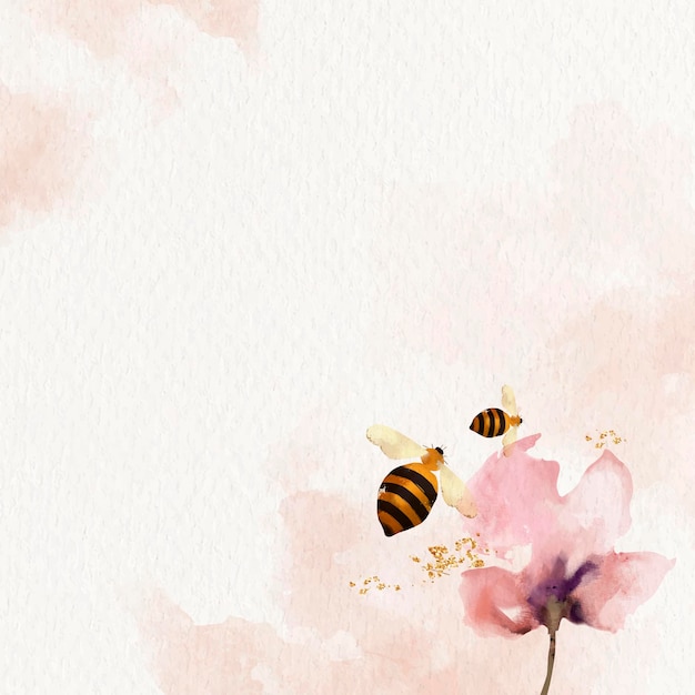 Honey bees and flower watercolor background
