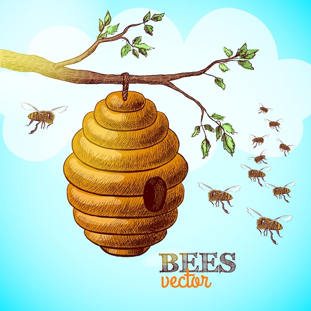 Honey bees and hive on tree branch background vector illustration