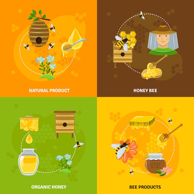 Honey and bees icons set