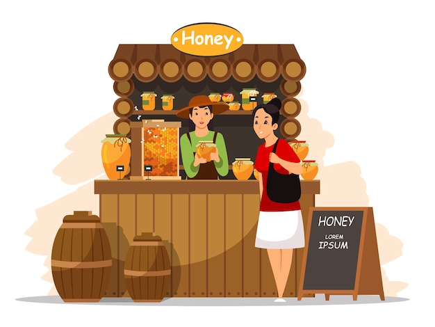 Free vector honey booth in street market or city fair with shop keeper and buyer cartoon vendor in apron standing at counter selling fresh food to woman with shopping bag local business with farmers products