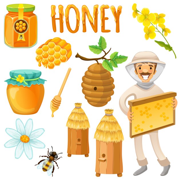 Honey colored and isolated set with happy beekeeper works on an apiary vector illustration