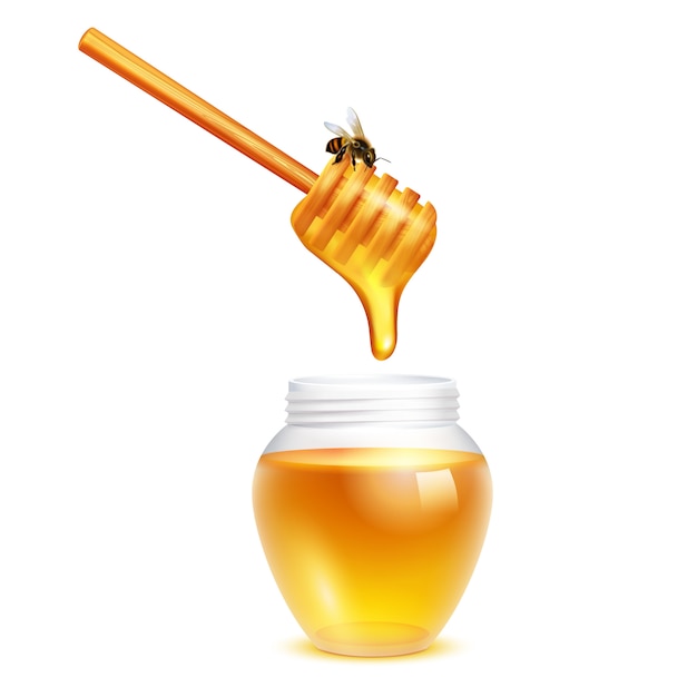 Honey dripping from dipper stick with honeybee in glass jar realistic design concept on white background