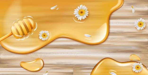 Honey dripping from spoon on wooden texture with chamomile decoration