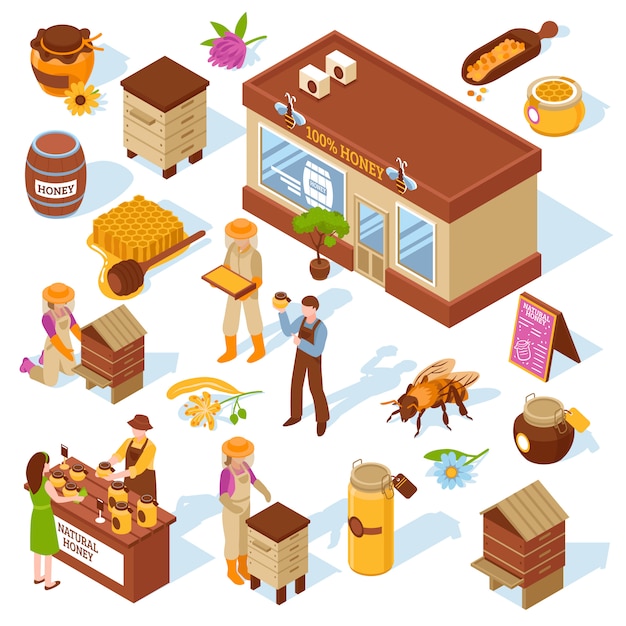 Honey farm isometric icons set