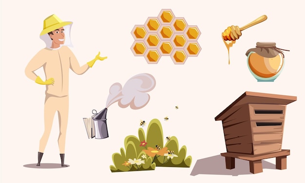 Honey production beekeeper in protective clothes cartoon character Flying bees in garden collecting pollen organic natural product honeycomb