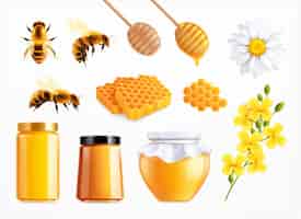 Бесплатное векторное изображение Медовый реалистичный набор с изолированными иконками ложек, расчесок и цветов с пчелами и полными банками векторной иллюстрации