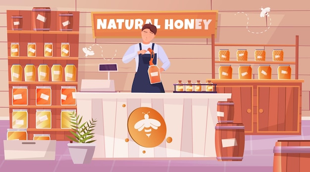 Honey shop flat horizontal composition with salesman standing behind counter