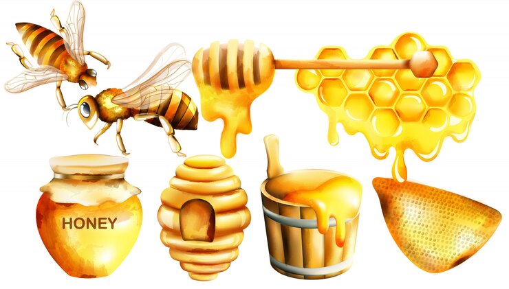 Free Vector honey watercolor set with jar, dipper, bees, honeycomb, house and bucket