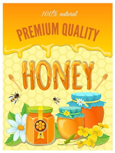 Honey with drops of honeycombs and ready jars vector illustration