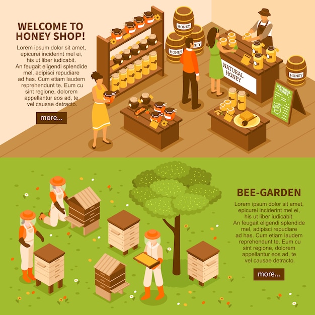 Free vector honey yard isometric banners set