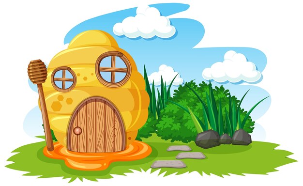 Honeycomb house in the garden cartoon style on sky background
