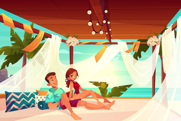 Free vector honeymoon in luxury hotel on tropical resort cartoon vector.