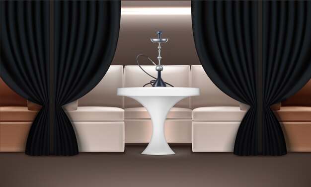 Free vector hookah lounge interior with armchairs, illuminated table, dark curtains and shisha