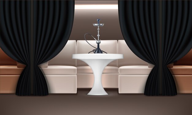 Интерьер кальянной с креслами, освещенным столом, темными шторами и кальяном