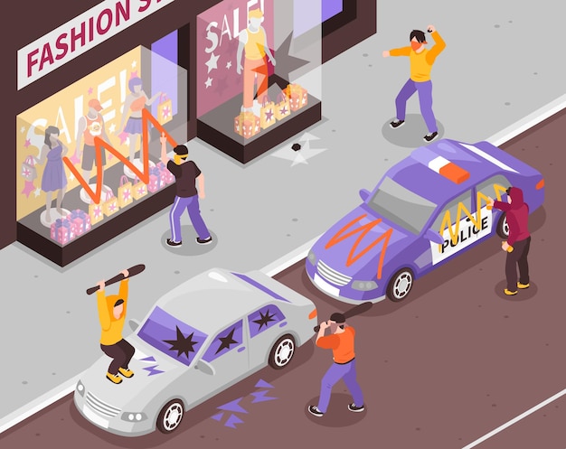 Free vector hooligans vandals with bats and spray paint damaging shop window and cars 3d isometric vector illustration