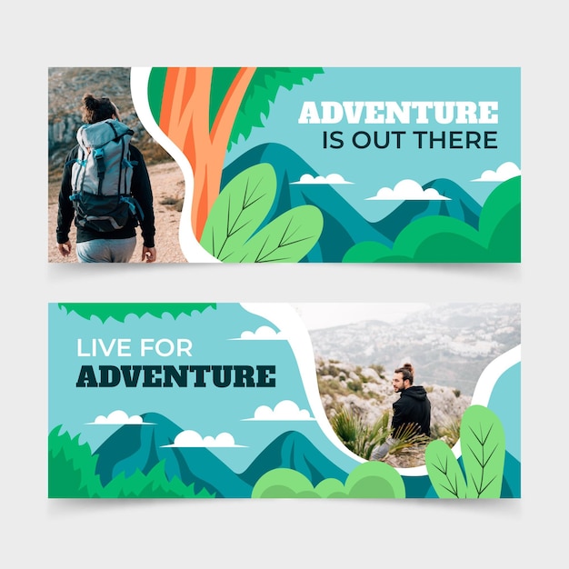 Free vector horizontal adventure banners set with photo