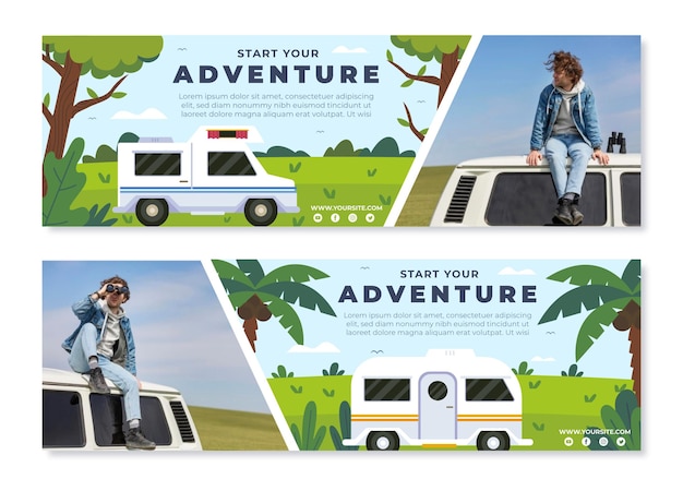 Free vector horizontal adventure banners set with photo