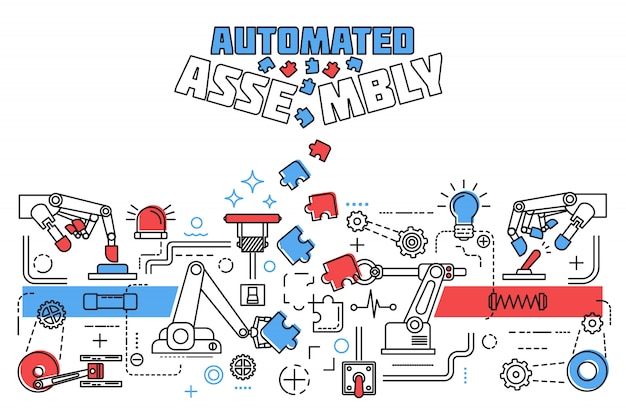 Horizontal assembly concept with assembly of structures pieces of the puzzle and colored title