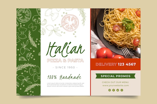 Vettore gratuito banner orizzontale per ristorante di cucina italiana
