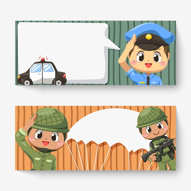 無料ベクター 車と吹き出し、ヘルメットと漫画のキャラクターのパラシュートを身に着けている軍の兵士、孤立した平らなイラストを持つ警官の水平バナー