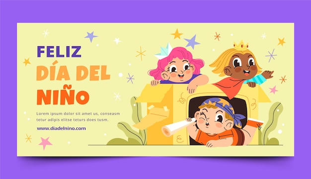 Vettore gratuito modello di banner orizzontale per la celebrazione del giorno dei bambini in spagnolo