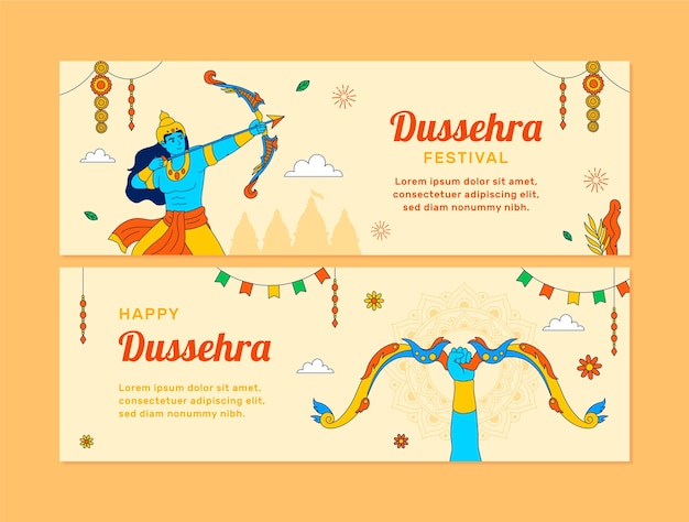 Free vector horizontal banner template for dussehra festival celebration