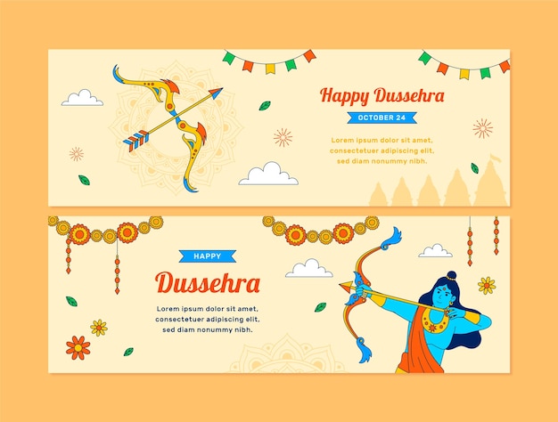 Free vector horizontal banner template for dussehra festival celebration