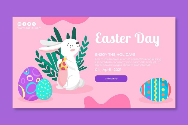 Vettore gratuito modello di banner orizzontale per pasqua con coniglietto e uova