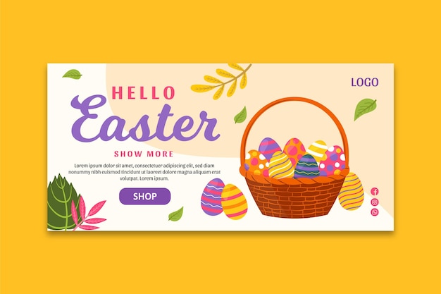 Бесплатное векторное изображение Шаблон горизонтального баннера для пасхальной распродажи с корзиной для яиц