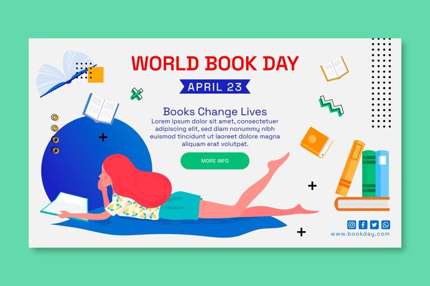 無料ベクター 世界図書の日のお祝いのための水平バナーテンプレート