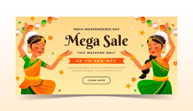 Free vector horizontal banner template for india independence day celebration