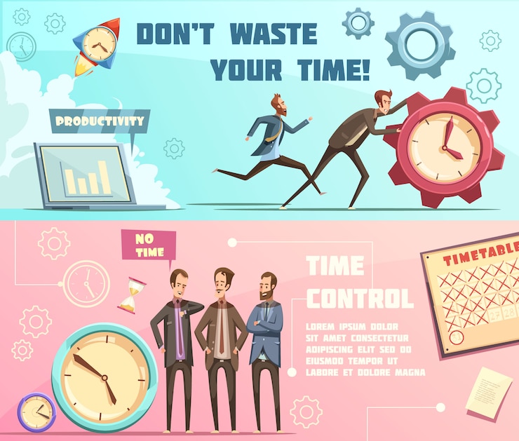 Free Vector horizontal banners in retro cartoon style with time management including effective planning and productivity 