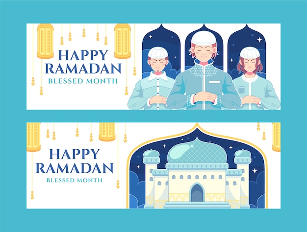 Free vector horizontal banners set for islamic ramadan celebration