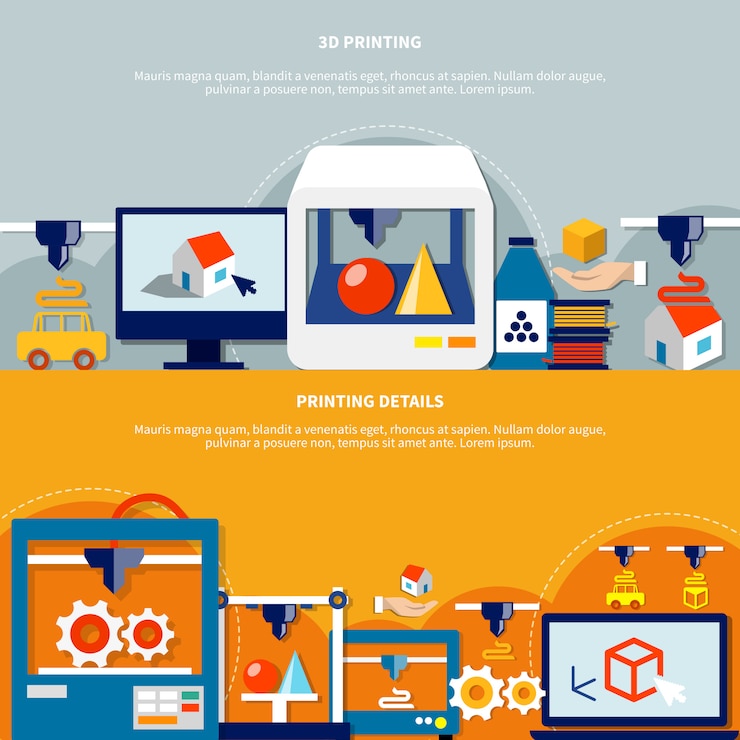 Free Vector horizontal banners set on theme of 3d printing