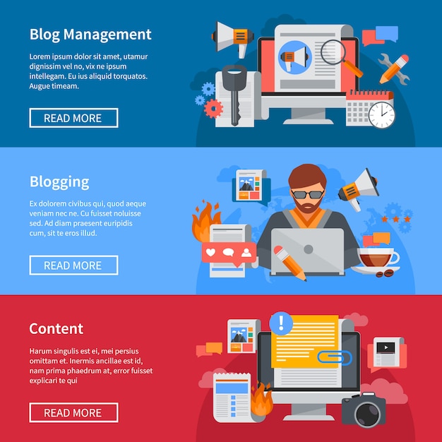 Free vector horizontal blogging and blog management flat banners with blogger sharing content