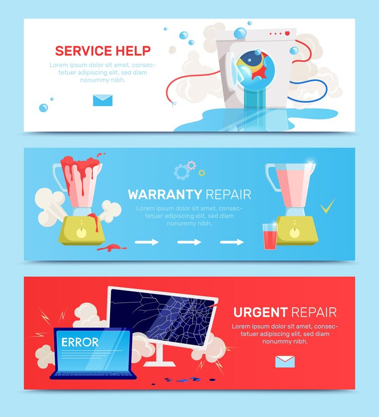 Free Vector horizontal broken household appliances gadgets flat banner set with service help warranty repair
